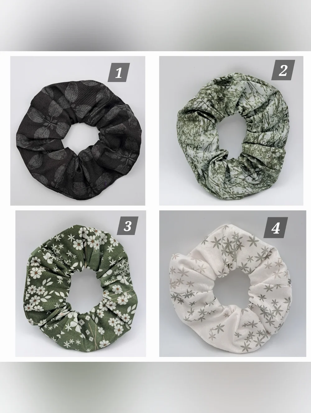 ONE Floral Print Scrunchie Hair Tie - Green & Black 100% Cotton